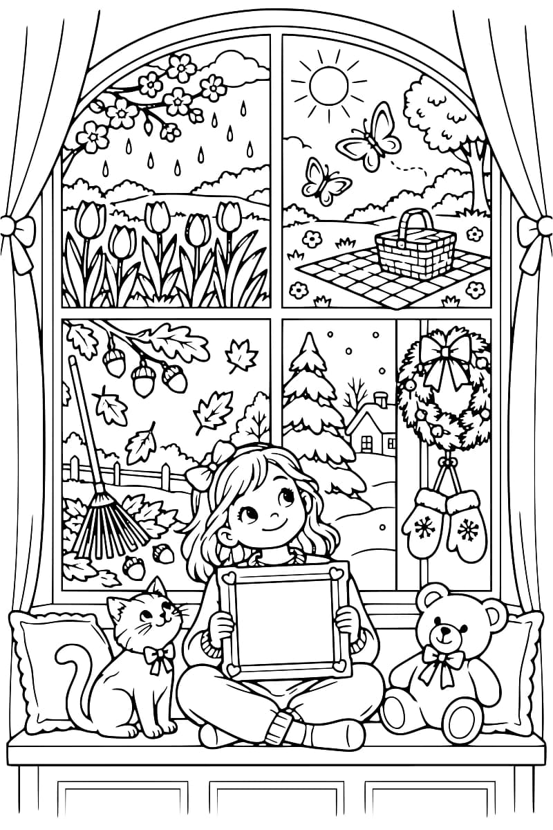 Illustration en noir et blanc d’une fenêtre divisée en quatre scènes saisonnières, avec une enfant assise devant, accompagnée d’un chat et d’un ours en peluche.