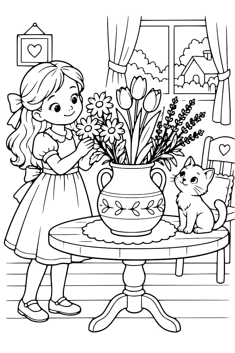 Coloriage représentant une fillette près d’un vase rempli de fleurs, avec un chat assis sur une chaise dans une pièce lumineuse.