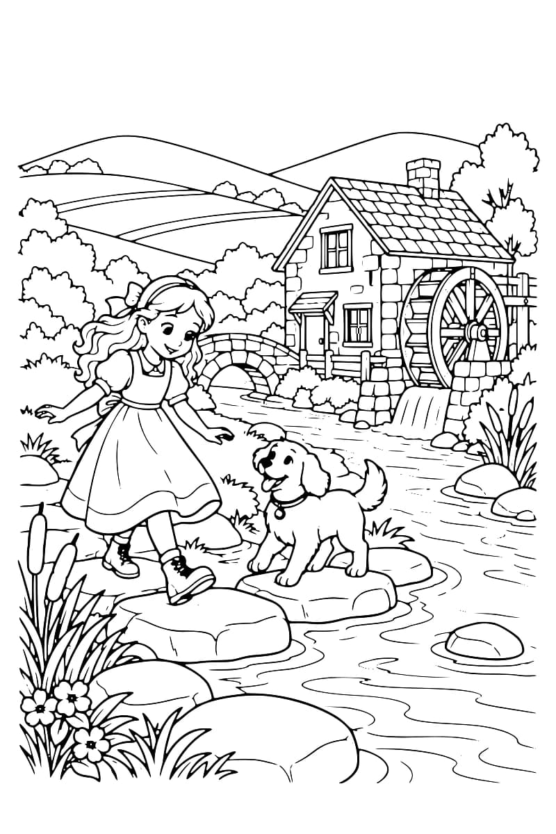 Dessin en noir et blanc représentant une fillette et son chien près d’un ruisseau, avec un moulin à eau, un pont de pierre et des collines en arrière-plan.
