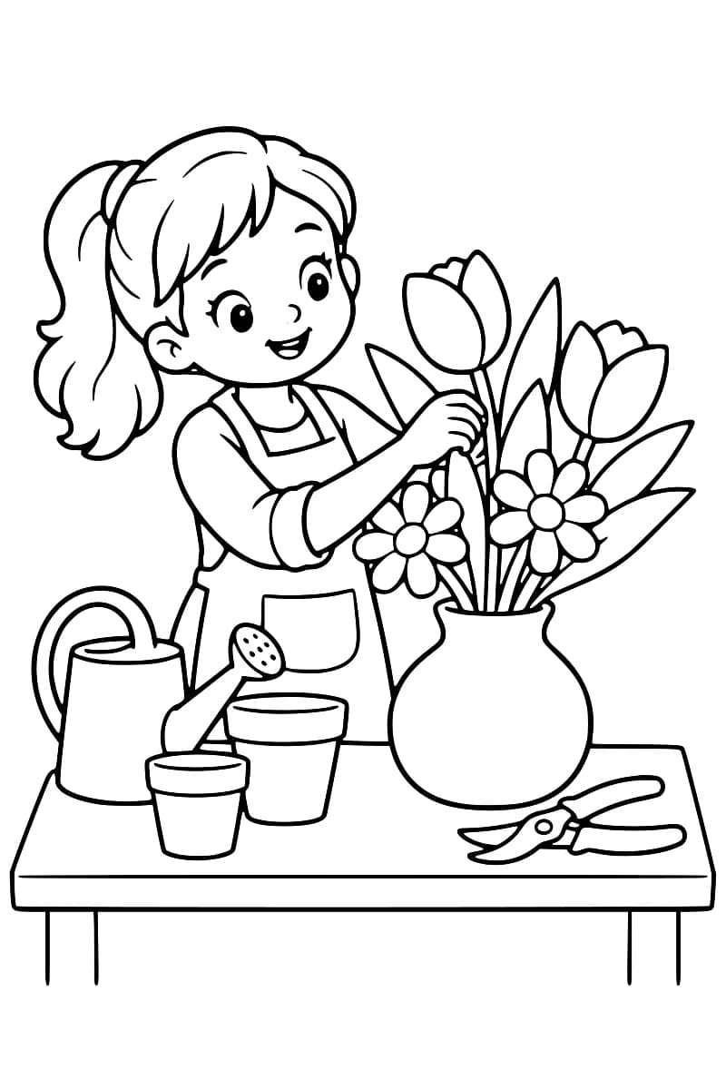 Dessin en noir et blanc d’une jeune fleuriste arrangeant des fleurs dans un vase, avec des pots, un arrosoir et un sécateur autour d’elle.