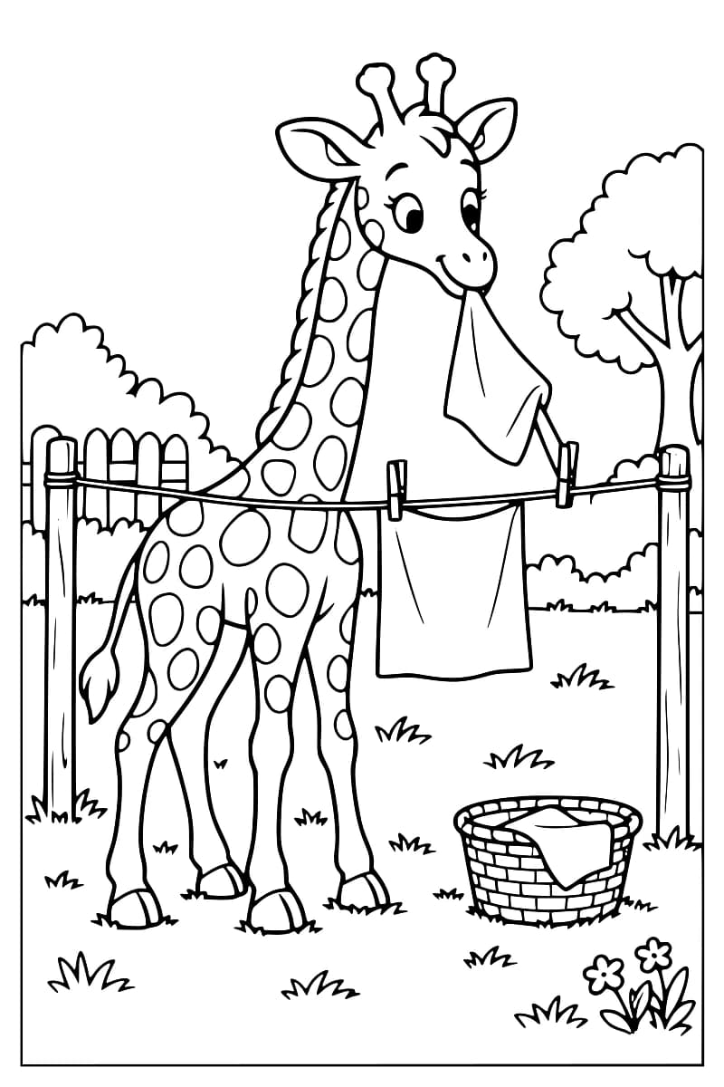 Dessin en noir et blanc d’une girafe tenant un linge dans sa bouche, derrière une corde tendue entre deux poteaux où un tissu est fixé par des pinces, avec un panier de linge au sol, une clôture, des arbres et des fleurs.