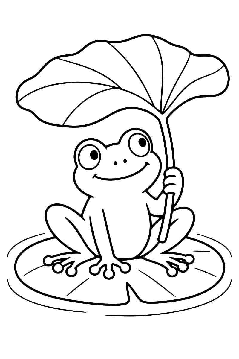 Dessin en noir et blanc d’une grenouille aux grands yeux, assise sur un nénuphar entouré d’ondulations et tenant la tige d’une large feuille au-dessus de sa tête.