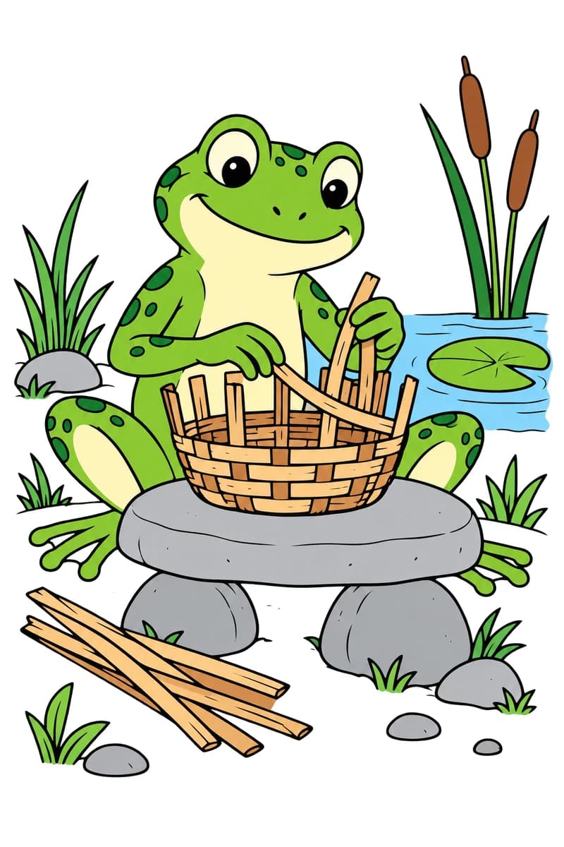 Dessin en noir et blanc d’une grenouille tressant un panier sur une table de pierre, avec des lattes au premier plan et une mare bordée de roseaux à droite, où flotte une feuille de nénuphar. (exemple colorié)