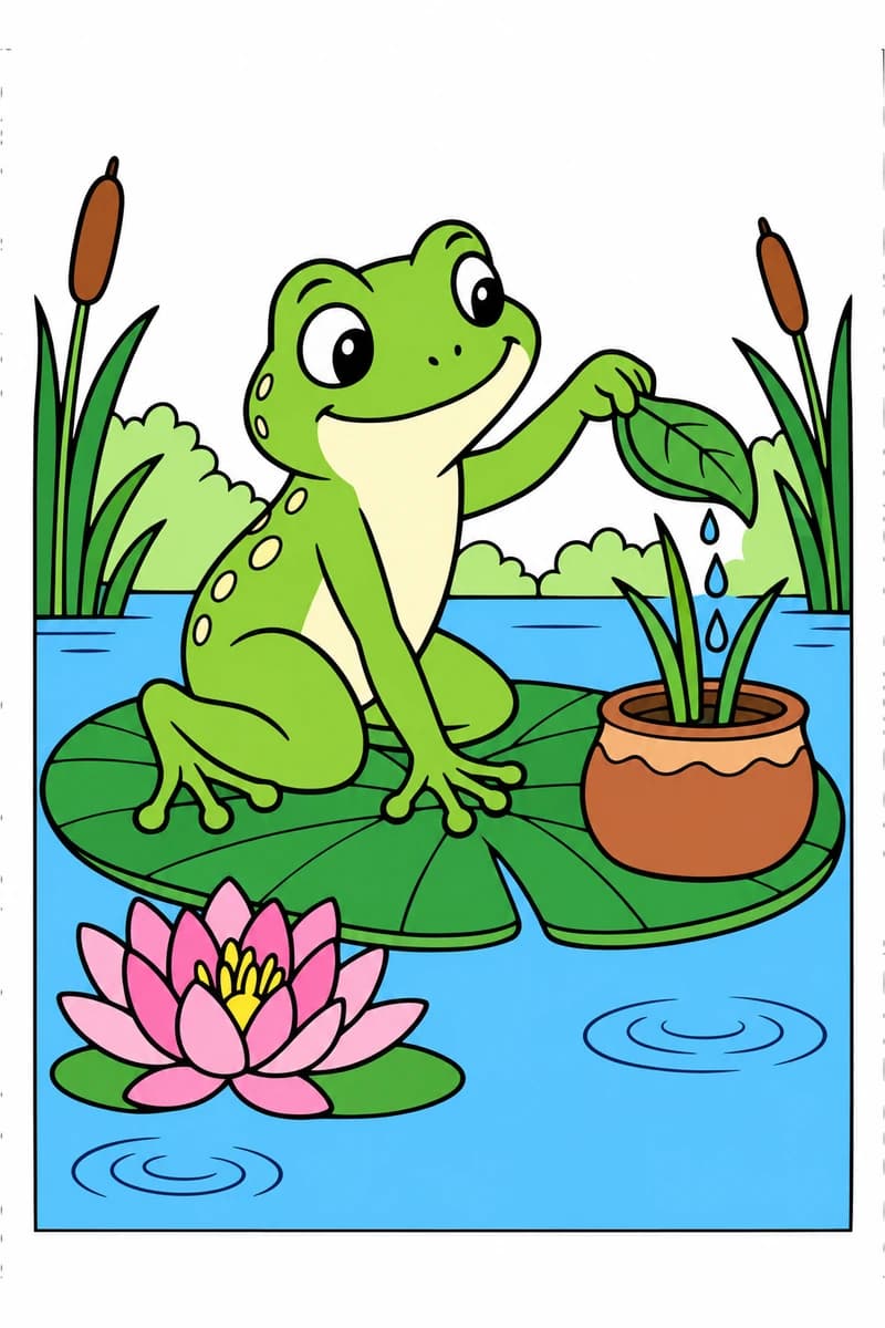 Dessin en noir et blanc d’une grenouille souriante sur un nénuphar, tenant une feuille d’où tombent des gouttes sur une plante en pot, avec une fleur de nénuphar au premier plan et des roseaux en arrière-plan. (exemple colorié)