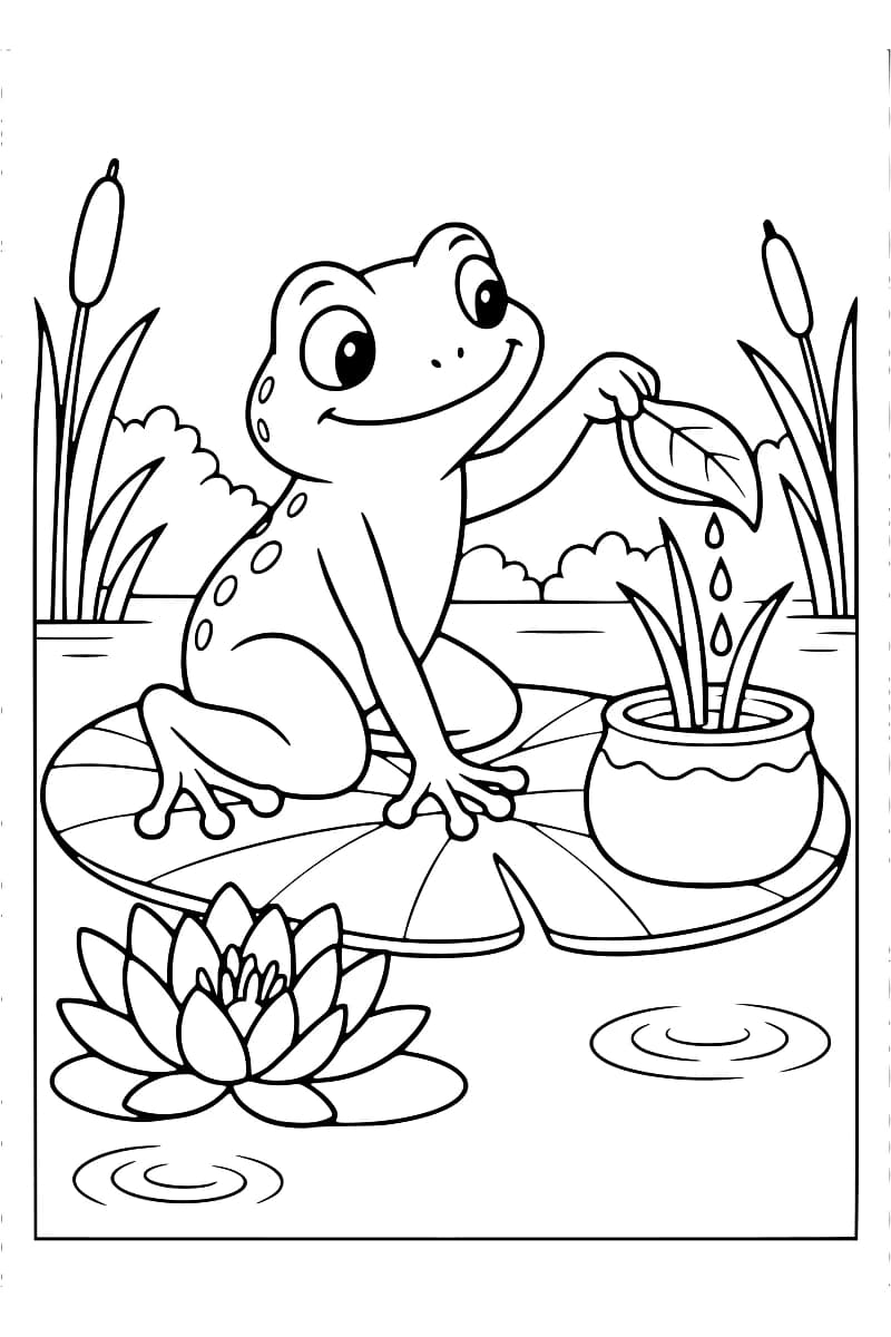 Dessin en noir et blanc d’une grenouille souriante sur un nénuphar, tenant une feuille d’où tombent des gouttes sur une plante en pot, avec une fleur de nénuphar au premier plan et des roseaux en arrière-plan.
