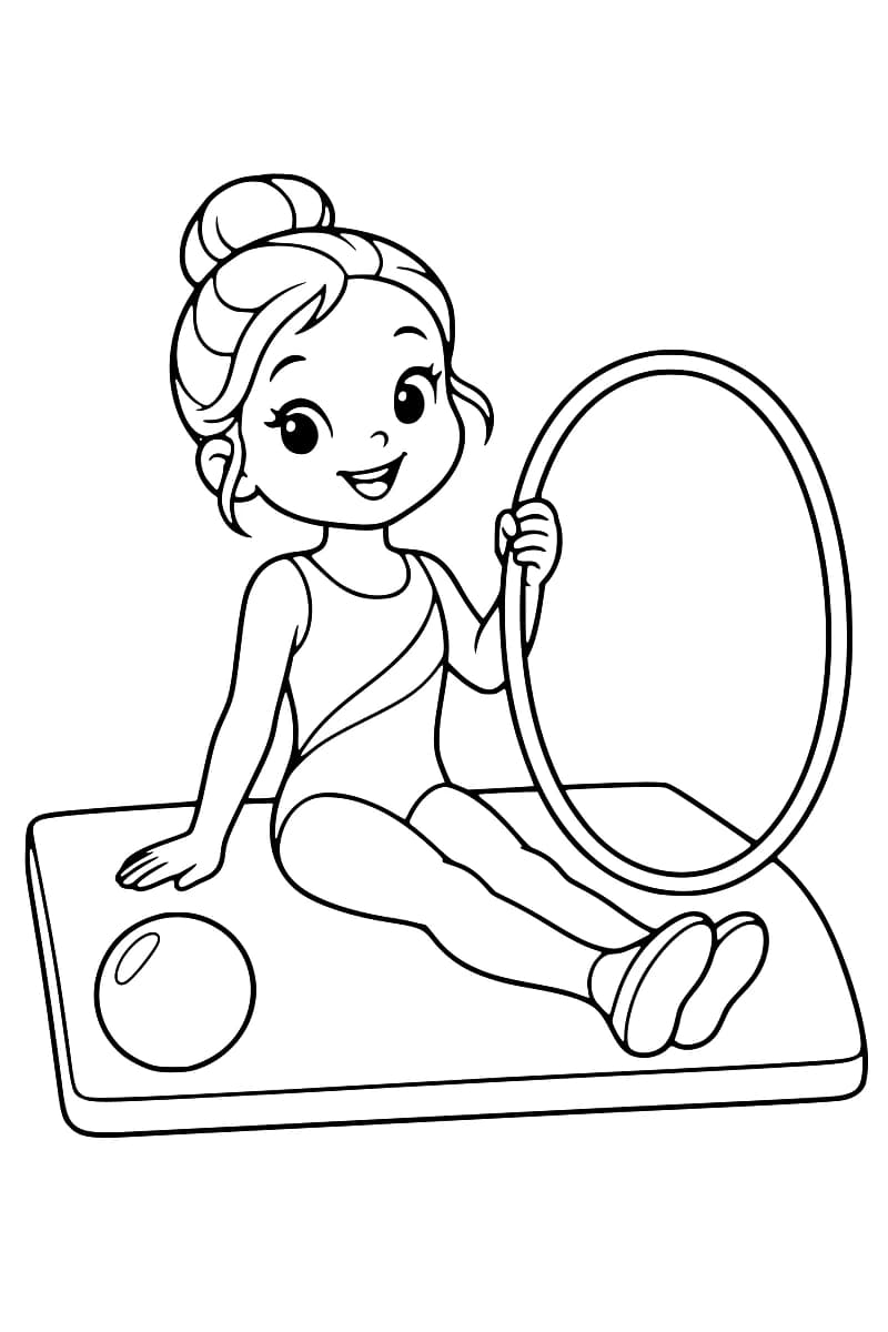 Dessin en noir et blanc d’une enfant souriante, coiffée d’un chignon et vêtue d’un justaucorps, assise jambes tendues sur un tapis, tenant un grand cerceau vertical, avec un ballon posé à gauche.