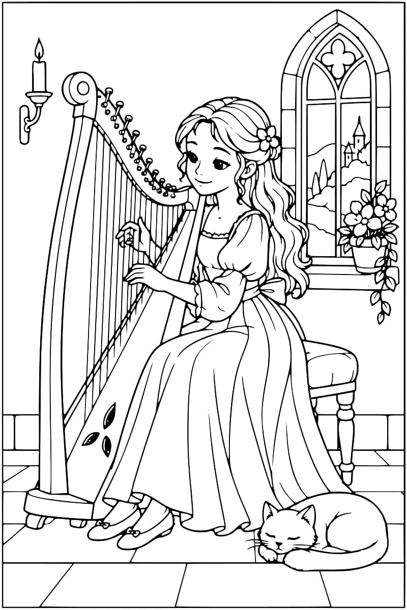 Dessin au trait d’une jeune fille assise sur un tabouret, jouant d’une grande harpe devant une fenêtre en ogive donnant sur un château lointain, avec un pot de fleurs sur le rebord, une bougie au mur et un chat endormi au sol.