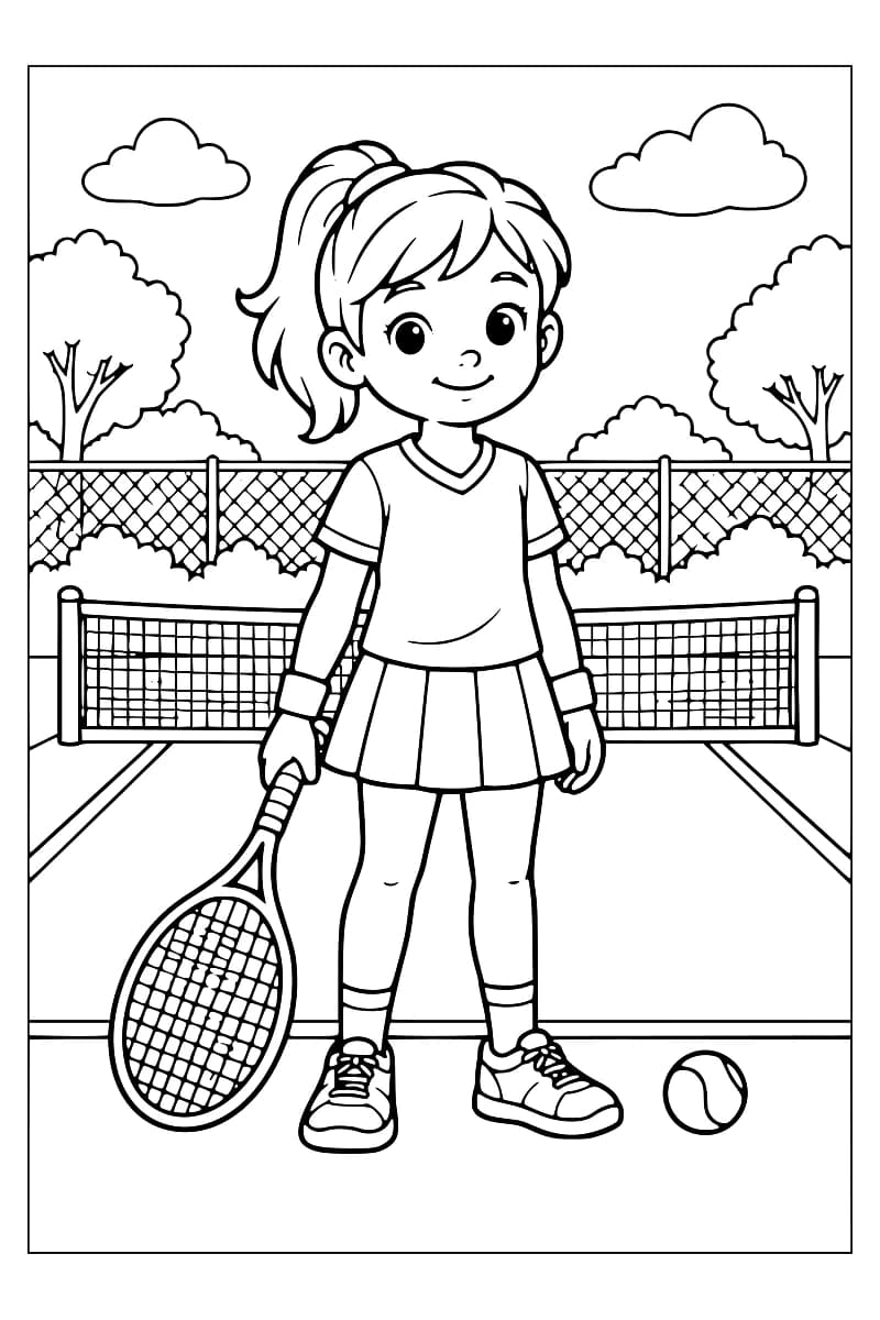 Dessin en noir et blanc d’une jeune fille avec une raquette et une balle sur un court de tennis, devant un filet et entourée d’arbres.