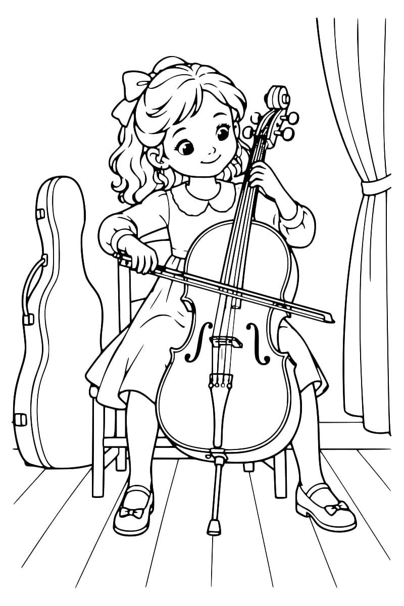 Dessin en noir et blanc d’une fillette aux cheveux bouclés ornés d’un nœud, assise sur une chaise et jouant du violoncelle avec un archet, entre un étui fermé à gauche et un rideau attaché à droite.