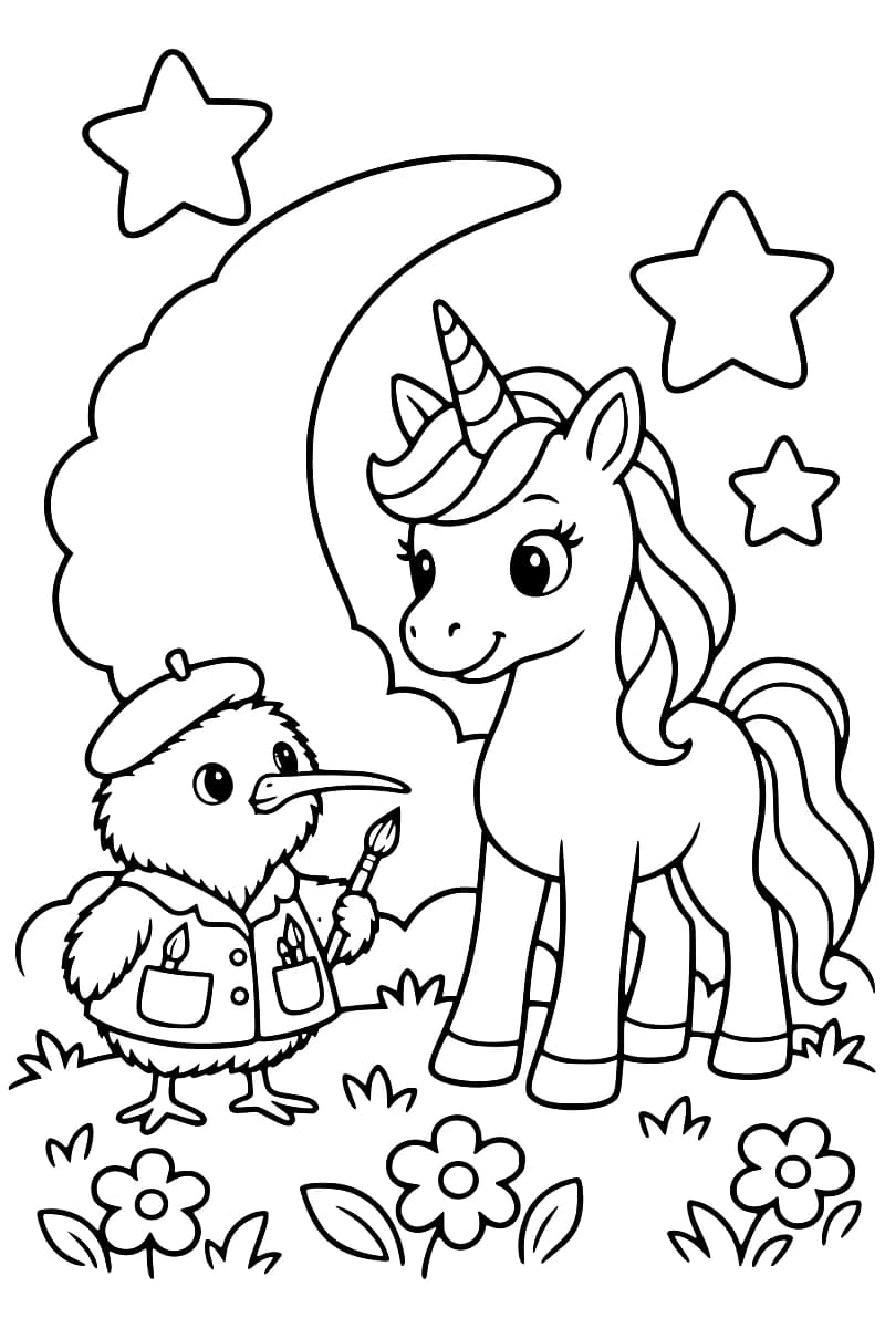 Page de coloriage montrant une licorne debout dans une prairie fleurie, accompagnée d’un kiwi artiste avec un pinceau, des étoiles et un grand croissant en arrière-plan.