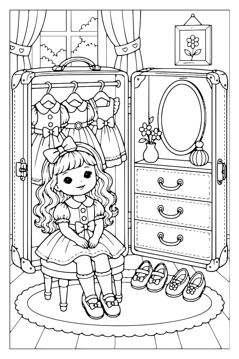 Dessin à colorier d’une poupée aux cheveux bouclés assise devant une malle ouverte contenant trois robes suspendues, un grand miroir ovale et trois tiroirs, avec deux paires de chaussures posées sur le tapis.