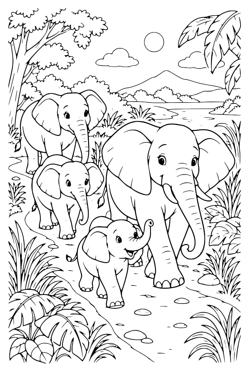 Quatre éléphants marchant sur un chemin au milieu d’une végétation luxuriante, avec une montagne, un lac et des nuages en arrière-plan.