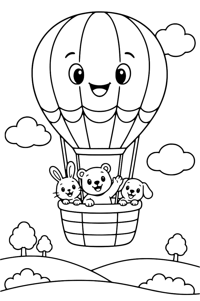 Dessin à colorier représentant une montgolfière souriante avec trois animaux dans la nacelle, des nuages et des collines en arrière-plan.