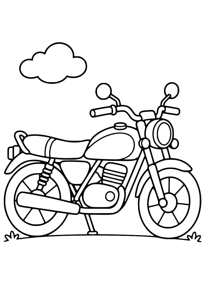 Dessin en noir et blanc d’une moto tournée vers la droite, posée sur sa béquille, avec deux grandes roues, un réservoir, une selle et un pot d’échappement, sous un nuage.