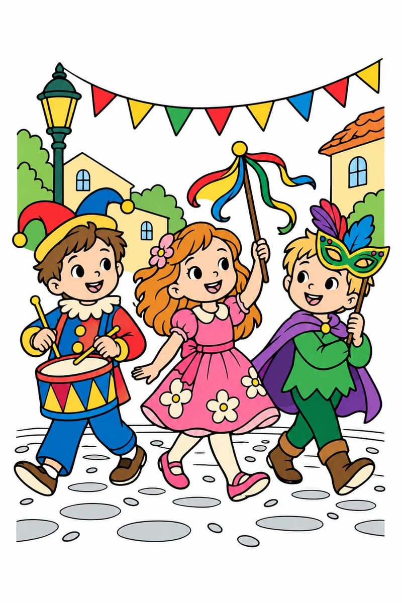 Dessin en noir et blanc de trois enfants participant à une parade de carnaval, sous des fanions, avec un tambour, des rubans et un masque. (exemple colorié)