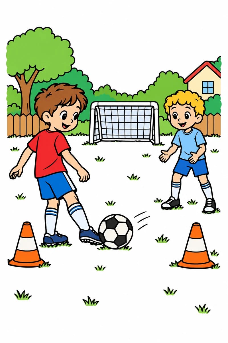 Dessin en noir et blanc de deux enfants jouant au football sur l’herbe : l’un frappe le ballon entre deux plots, tandis que l’autre attend en face, devant un petit but. (exemple colorié)