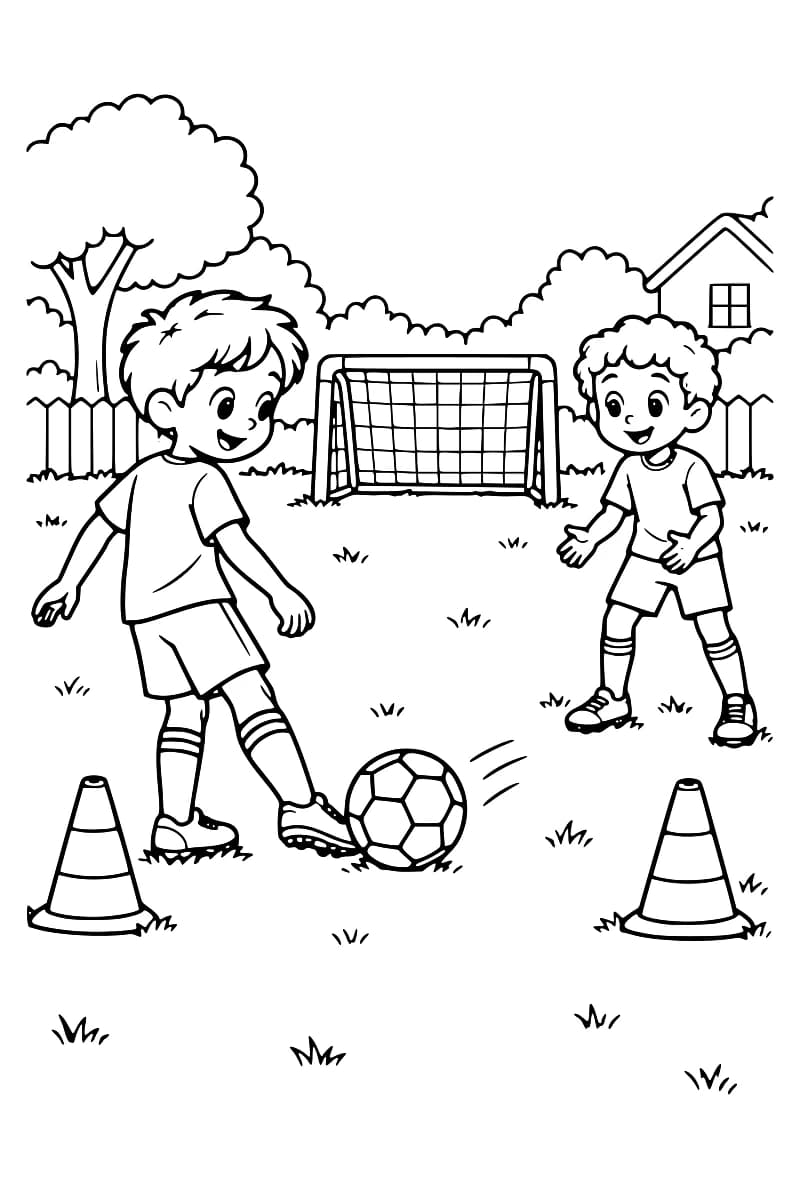 Dessin en noir et blanc de deux enfants jouant au football sur l’herbe : l’un frappe le ballon entre deux plots, tandis que l’autre attend en face, devant un petit but.