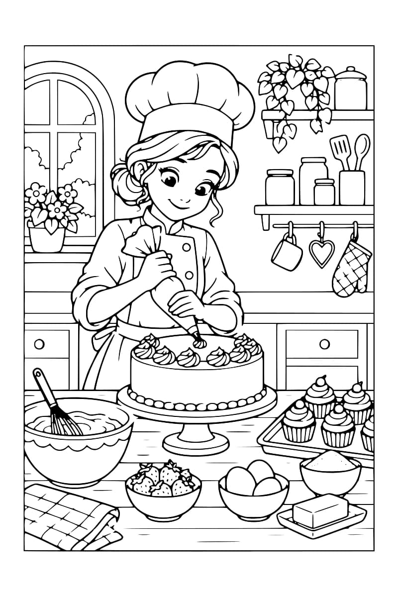 Coloriage en noir et blanc représentant une pâtissière décorant un grand gâteau dans sa cuisine.