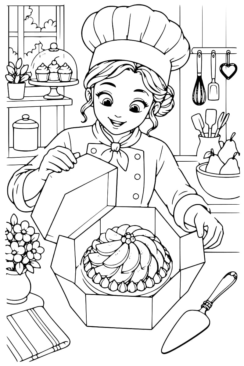 Dessin à colorier d’une pâtissière en toque ouvrant une boîte contenant un gâteau rond garni de lamelles de fruits et de petites baies, dans une cuisine avec des ustensiles, des poires et des cupcakes.