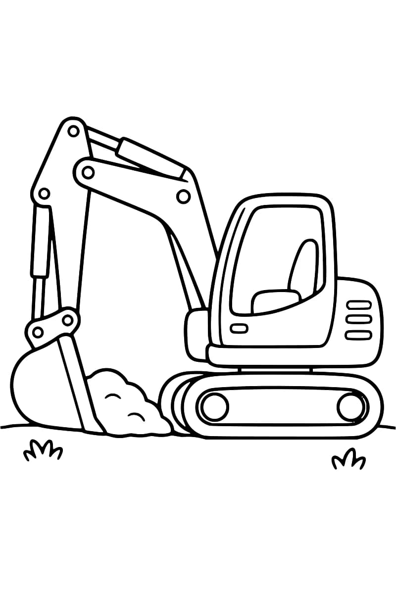 Dessin en noir et blanc d’une pelleteuse à chenilles vue de côté, avec son godet posé près d’un tas de terre.