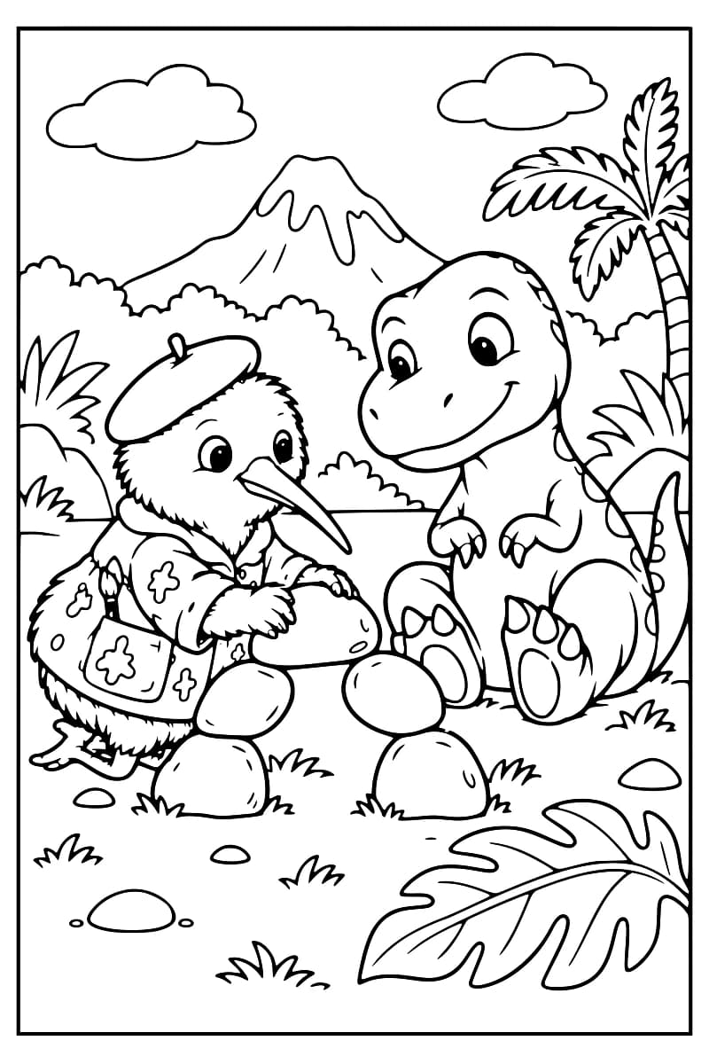 Dessin à colorier montrant un kiwi en béret et en veste à motifs, les ailes posées sur une arche de pierres, à côté d’un jeune dinosaure souriant assis, avec un volcan, un palmier et de grandes feuilles en arrière-plan.