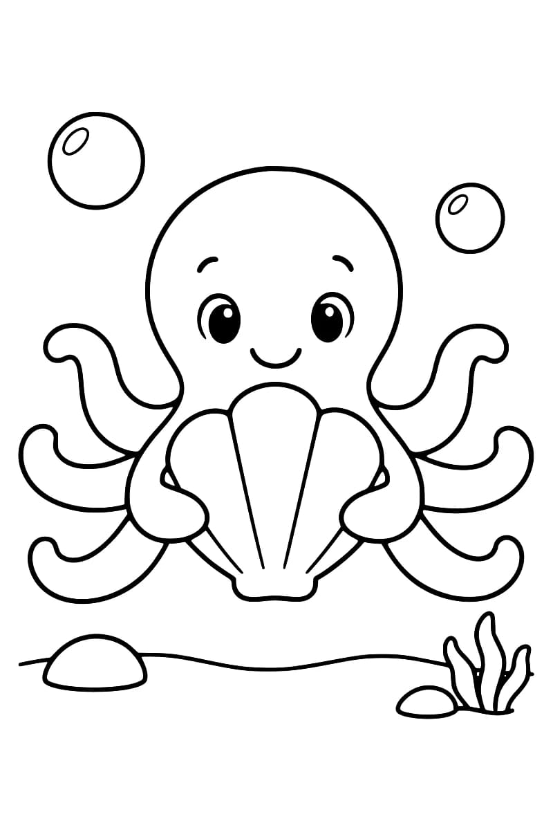 Dessin au trait noir d’une pieuvre souriante tenant un coquillage devant elle, entourée de deux bulles, avec des rochers et une algue sur le fond marin.