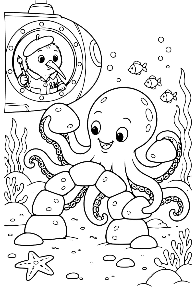 Dessin à colorier d’une pieuvre tenant des galets au-dessus d’une arche de pierres, devant un sous-marin où un oiseau à béret tient un pinceau, avec trois poissons, des bulles, des algues et une étoile de mer.