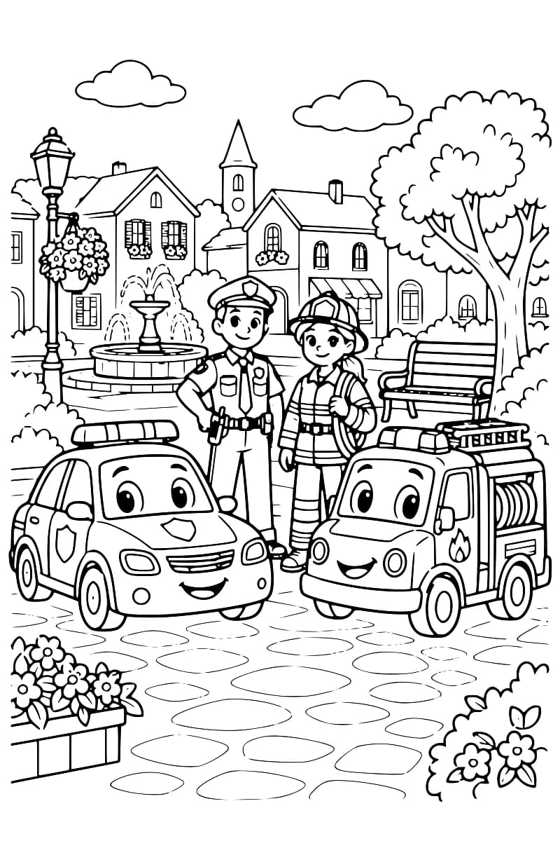 Dessin en noir et blanc montrant un policier, un pompier, une voiture de police et un camion de pompiers sur une place arborée.