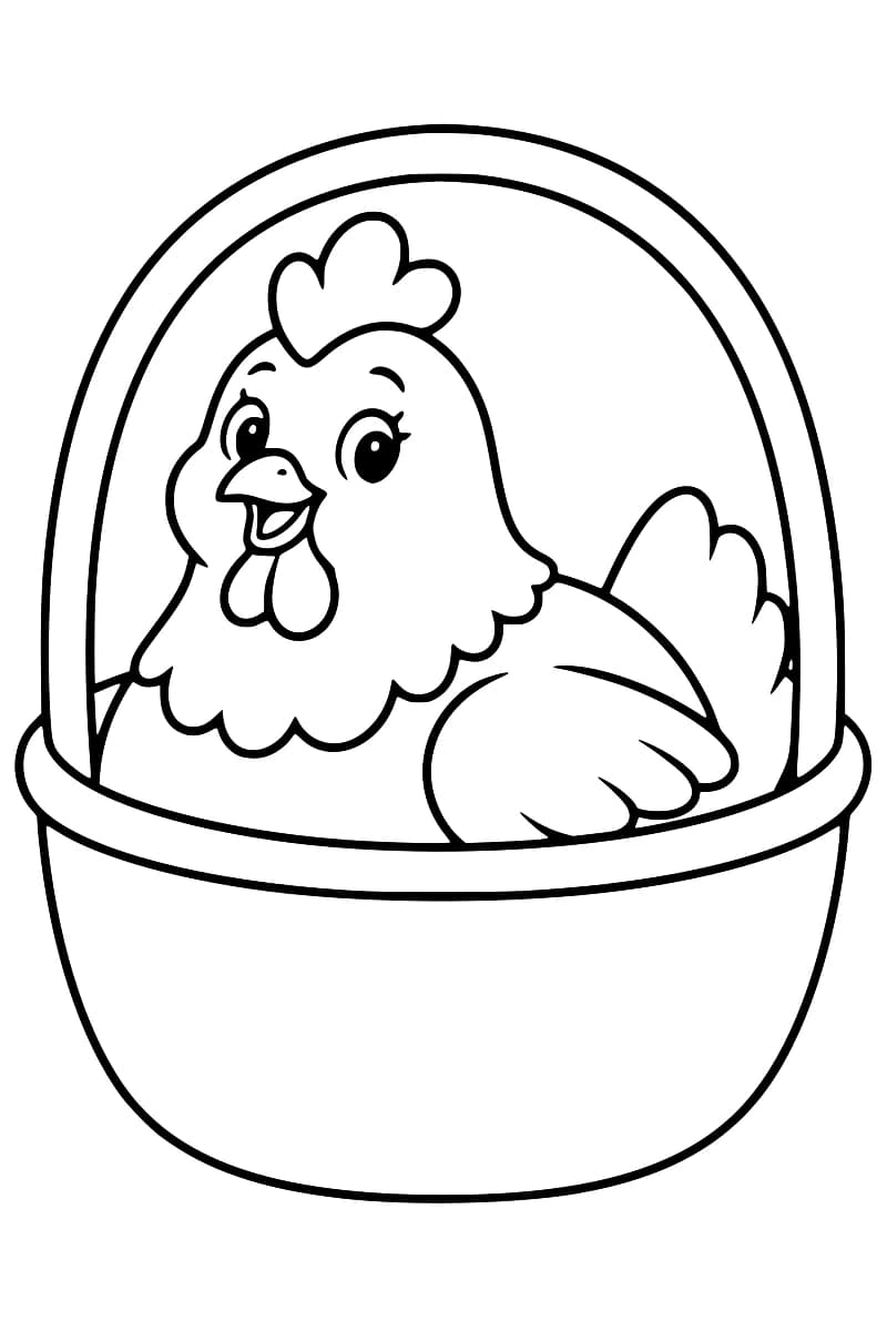 Dessin en noir et blanc d’une poule dans une corbeille à grande anse arrondie, avec une crête, un bec ouvert, une aile repliée et une queue relevée.