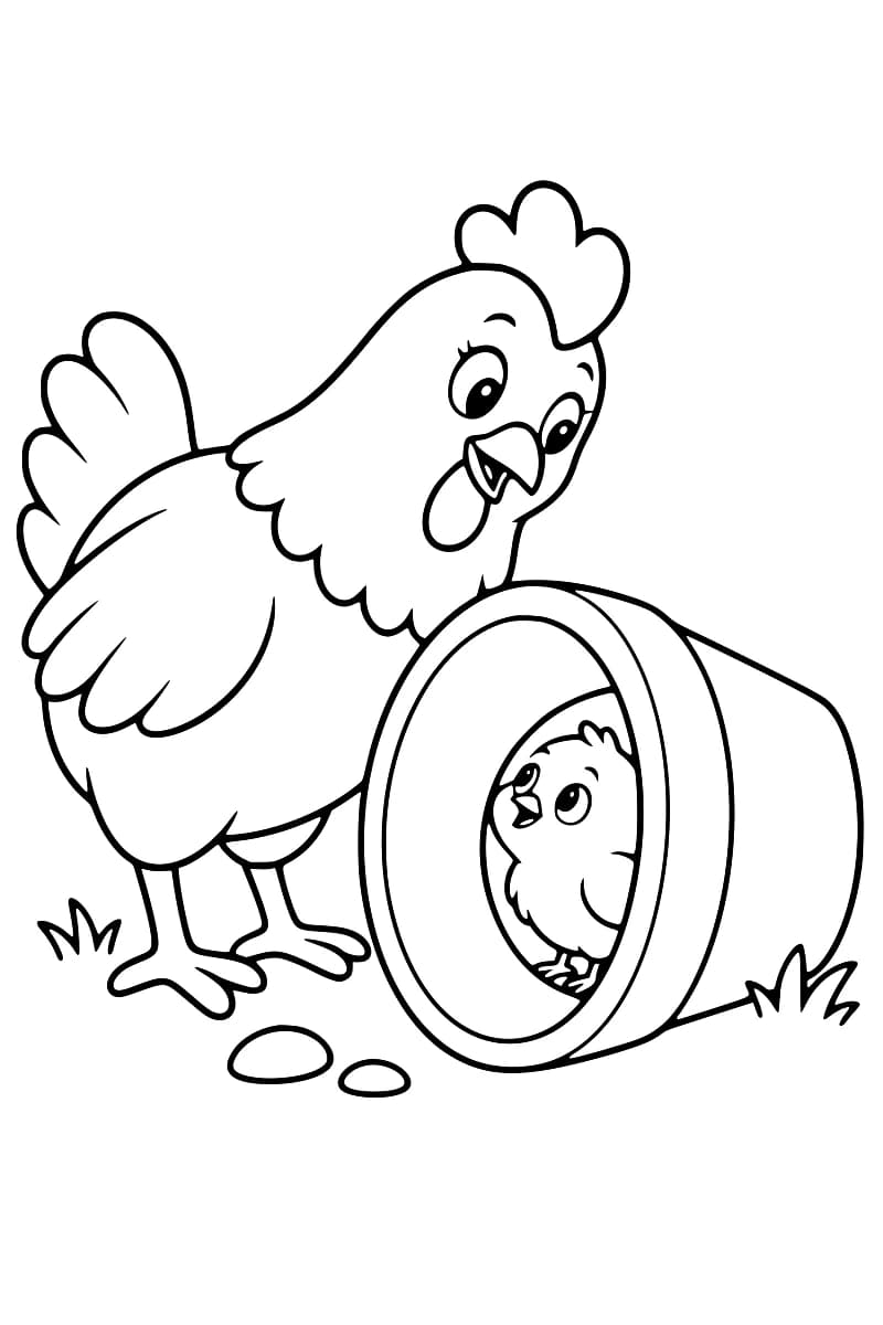 Dessin en noir et blanc d’une poule à côté d’un pot de fleurs couché, dans lequel se tient un poussin, avec deux cailloux et quelques touffes d’herbe au sol.