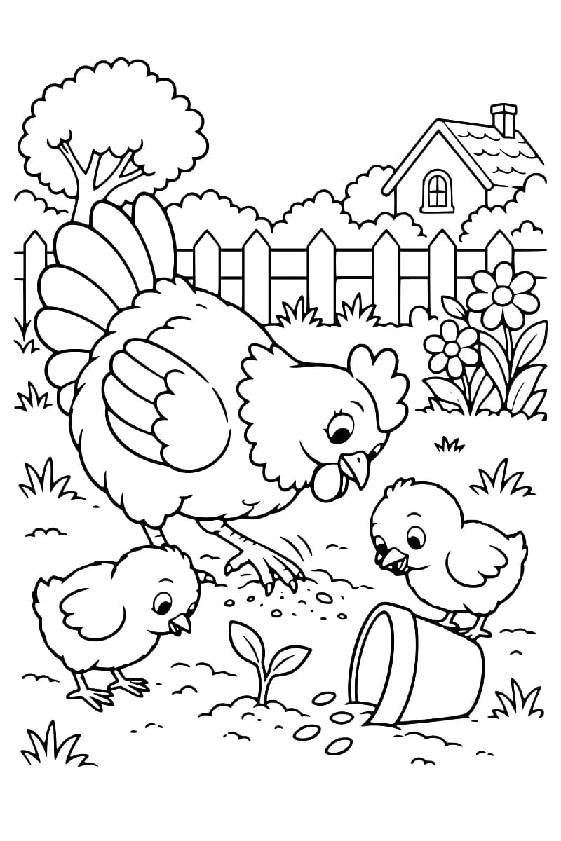 Dessin à colorier d’une poule et de deux poussins autour d’une petite pousse et d’un pot couché, dans un jardin avec des fleurs, une clôture, un arbre et une maison.