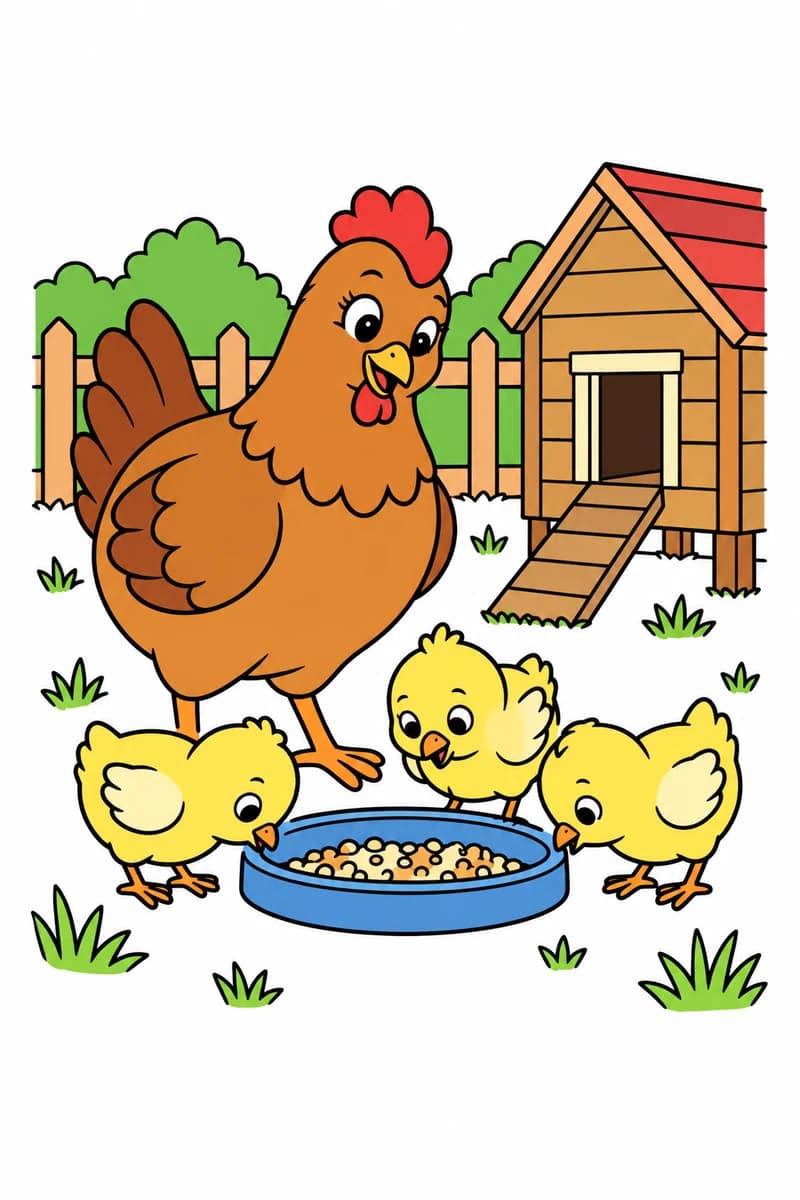 Une poule entourée de trois poussins mangeant dans une mangeoire, avec un poulailler et une clôture à l’arrière-plan. (exemple colorié)