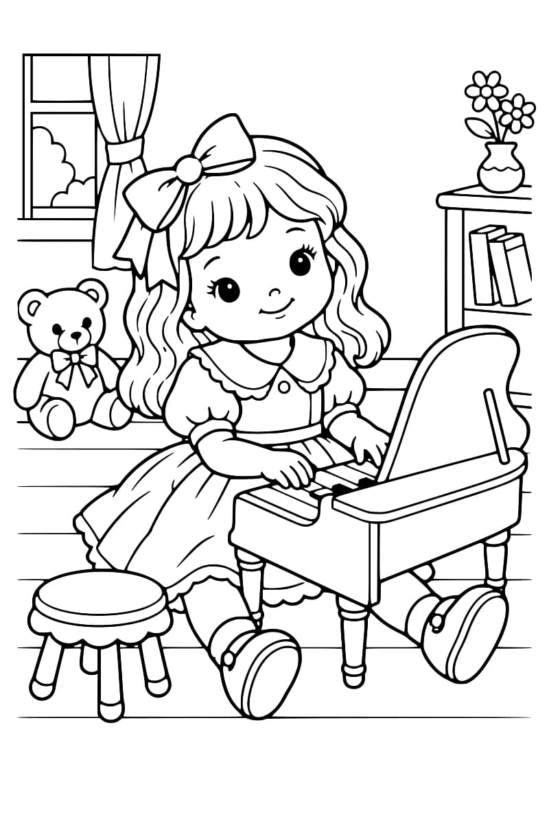 Dessin en noir et blanc d’une poupée coiffée d’un grand nœud, les mains sur les touches d’un piano miniature, avec un tabouret au premier plan, un ours en peluche derrière elle, une fenêtre à gauche et des livres et un vase fleuri à droite.
