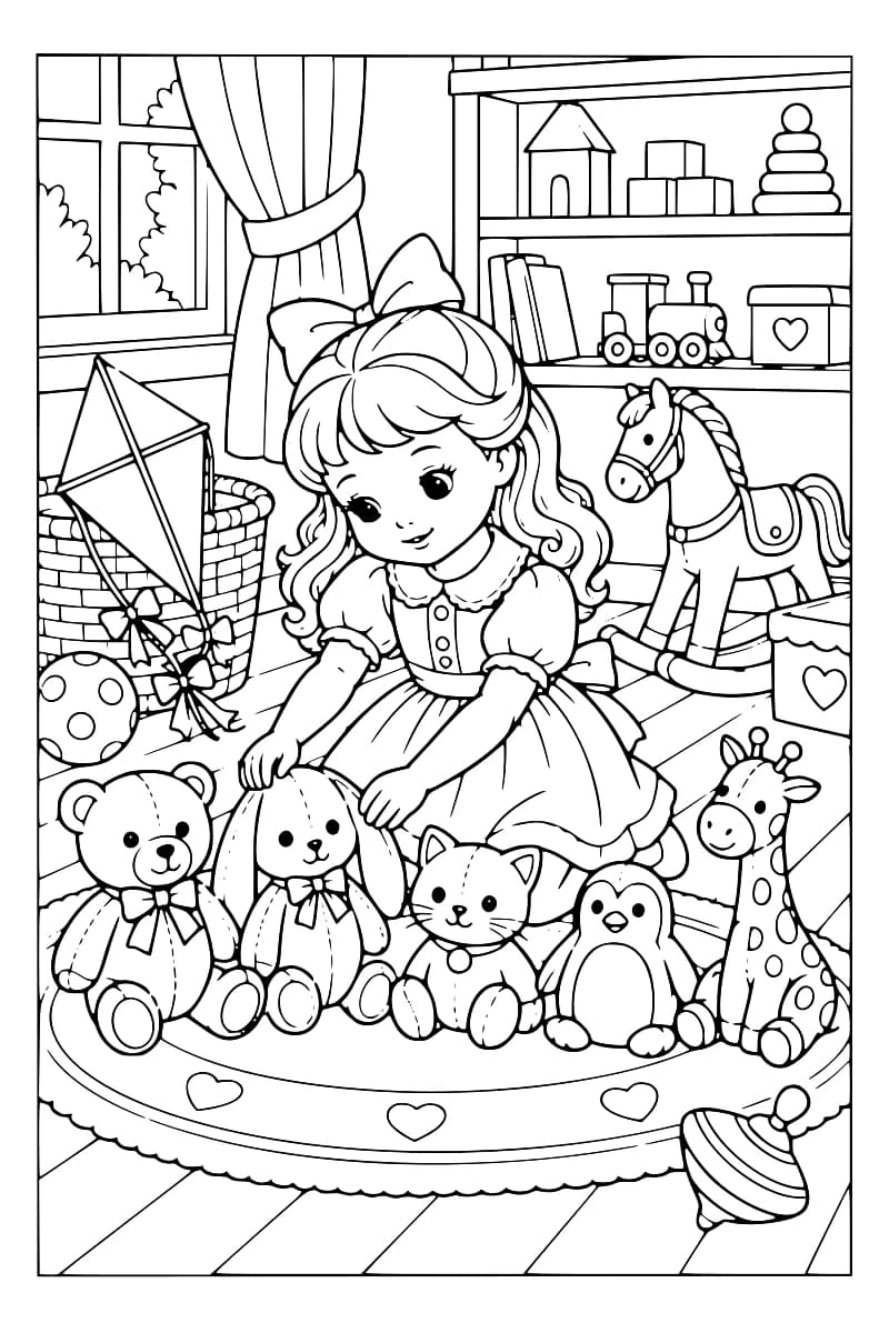 Dessin en noir et blanc d’une poupée coiffée d’un nœud, les mains sur une peluche de lapin, derrière une rangée comprenant aussi un ours, un chat, un pingouin et une girafe. Autour du tapis à cœurs se trouvent un cerf-volant, un ballon, une toupie, un cheval à bascule et une étagère de jouets.