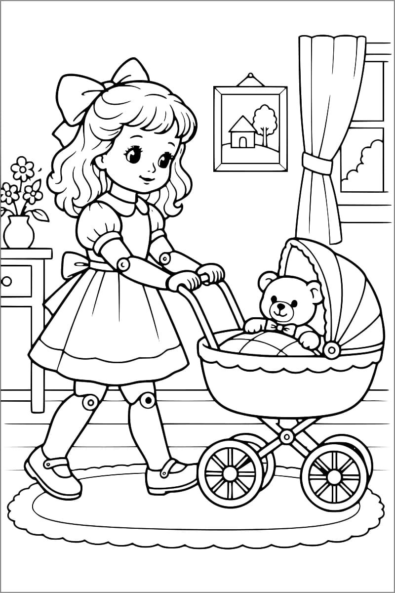 Dessin en noir et blanc d’une poupée articulée, vêtue d’une robe et coiffée d’un grand nœud, poussant un landau avec un ourson à l’intérieur, dans une pièce avec une fenêtre, un cadre et un vase de fleurs.