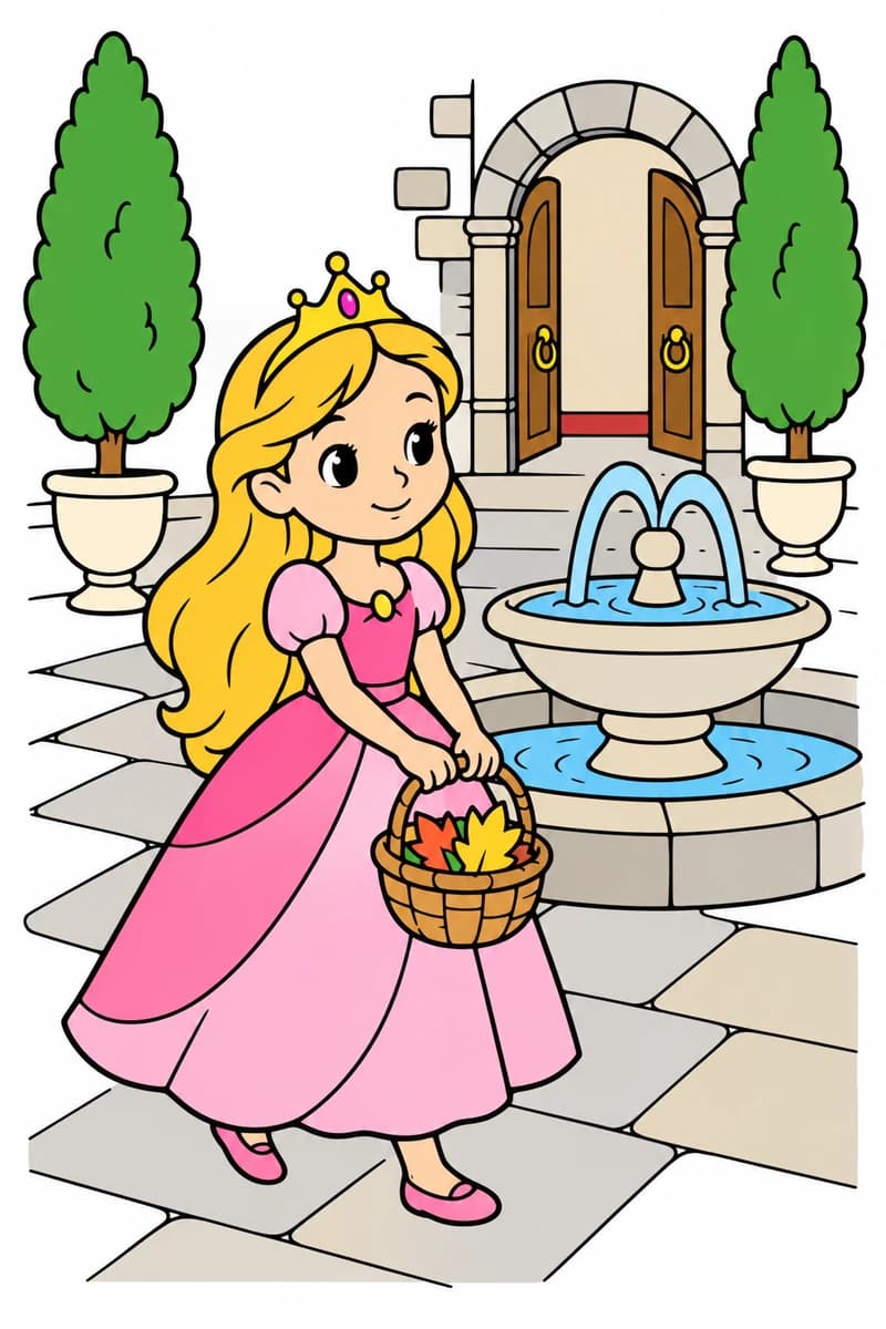 Dessin en noir et blanc d’une princesse dans une cour de palais, avec une fontaine, une porte et deux arbres en pots. (exemple colorié)