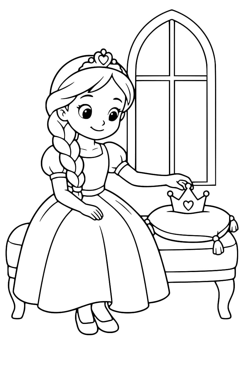 Dessin en noir et blanc d’une princesse en robe assise sur une banquette, tenant une couronne au-dessus d’un coussin.