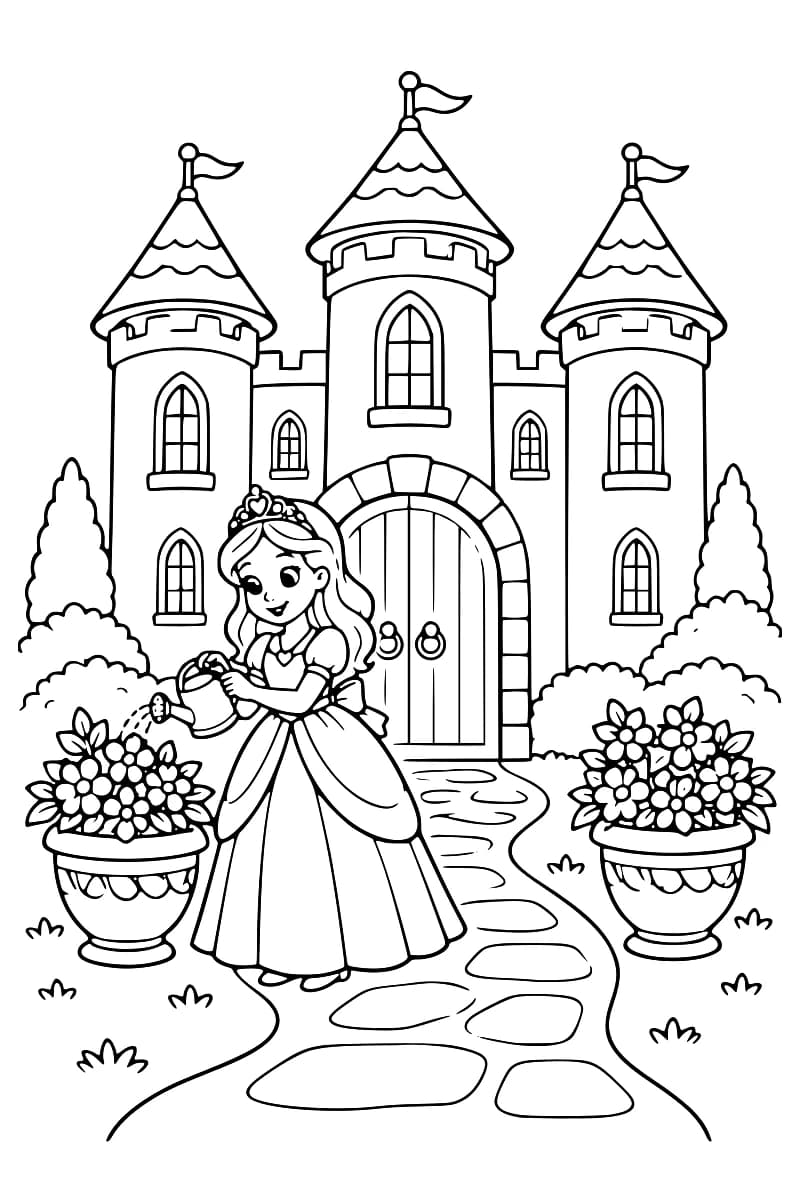 Dessin en noir et blanc d’une princesse tenant un arrosoir au-dessus du pot de fleurs de gauche, devant un château à trois tours surmontées de drapeaux, avec un second pot fleuri à droite et une allée de pierres.