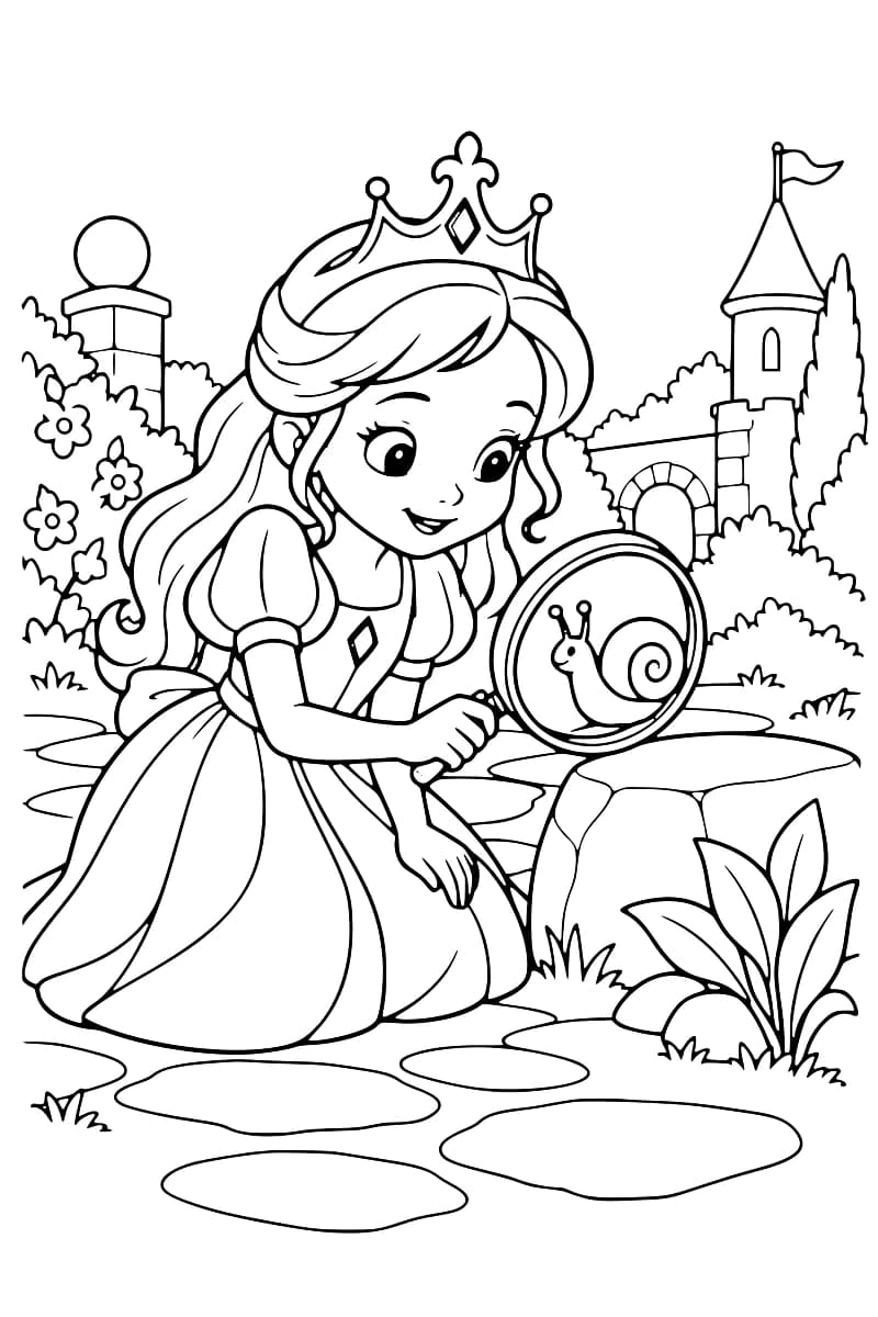 Dessin à colorier d’une princesse agenouillée tenant une loupe devant un escargot sur une grosse pierre, avec une allée dallée, des plantes et une tour de château en arrière-plan.