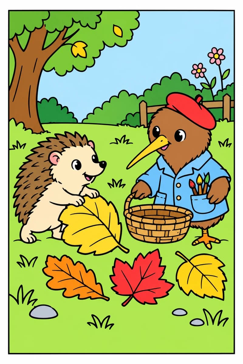 Dessin à colorier d’un hérisson tenant une grande feuille face à un oiseau au long bec, coiffé d’un béret et vêtu d’une veste avec des pinceaux dans la poche, qui tient un panier vide, dans un jardin avec un arbre, des fleurs et des feuilles au sol. (exemple colorié)