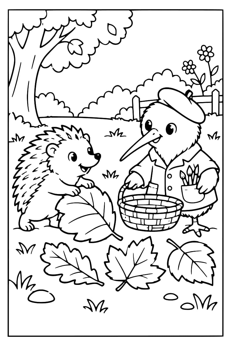 Dessin à colorier d’un hérisson tenant une grande feuille face à un oiseau au long bec, coiffé d’un béret et vêtu d’une veste avec des pinceaux dans la poche, qui tient un panier vide, dans un jardin avec un arbre, des fleurs et des feuilles au sol.