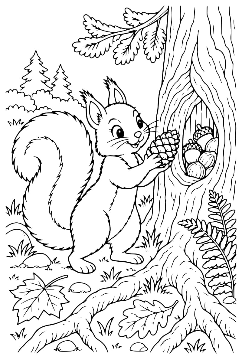 Dessin à colorier d’un écureuil à la grande queue touffue tenant une pomme de pin devant un creux dans un tronc contenant des glands et des noisettes, entouré de racines, de feuilles et de fougères.