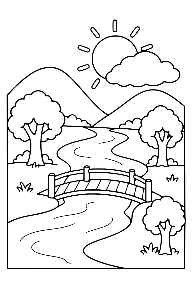 Dessin en noir et blanc d’une rivière sinueuse, d’un petit pont, d’arbres, de collines et d’un soleil derrière un nuage.