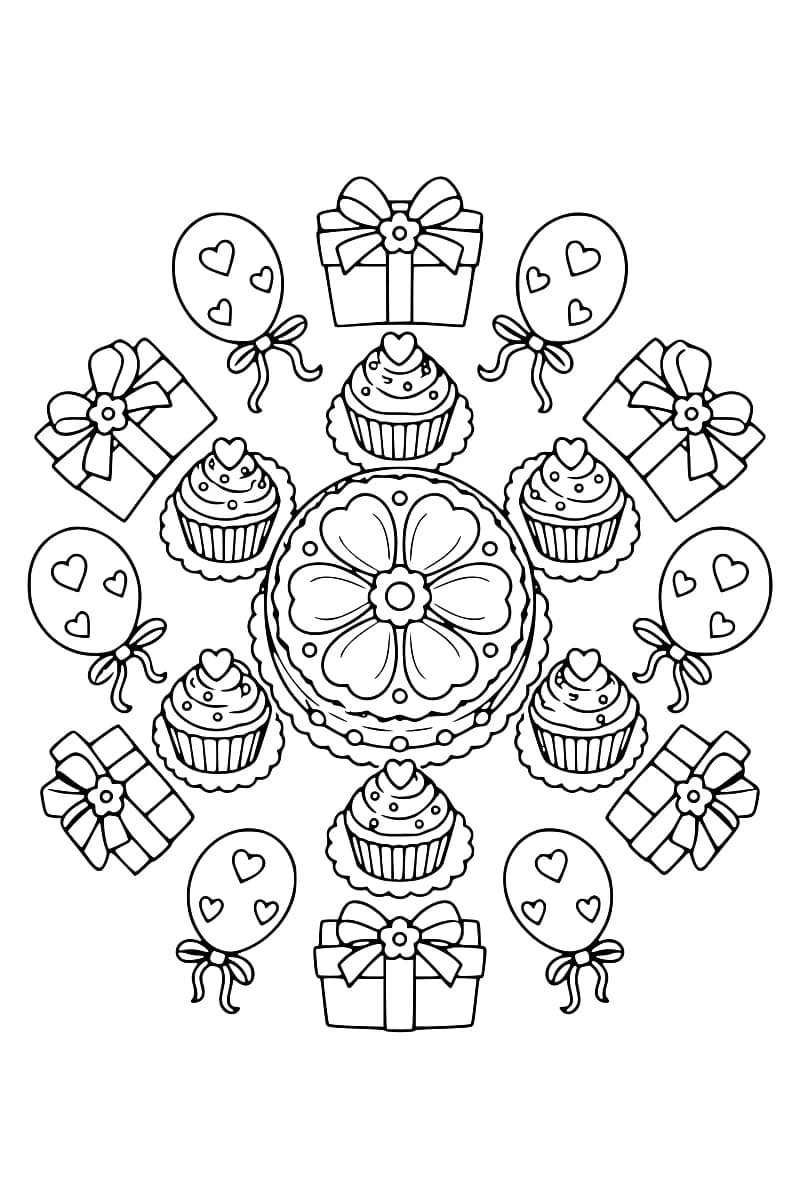Dessin en noir et blanc d’un mandala d’anniversaire avec un grand gâteau central, six cupcakes, des cadeaux et des ballons.