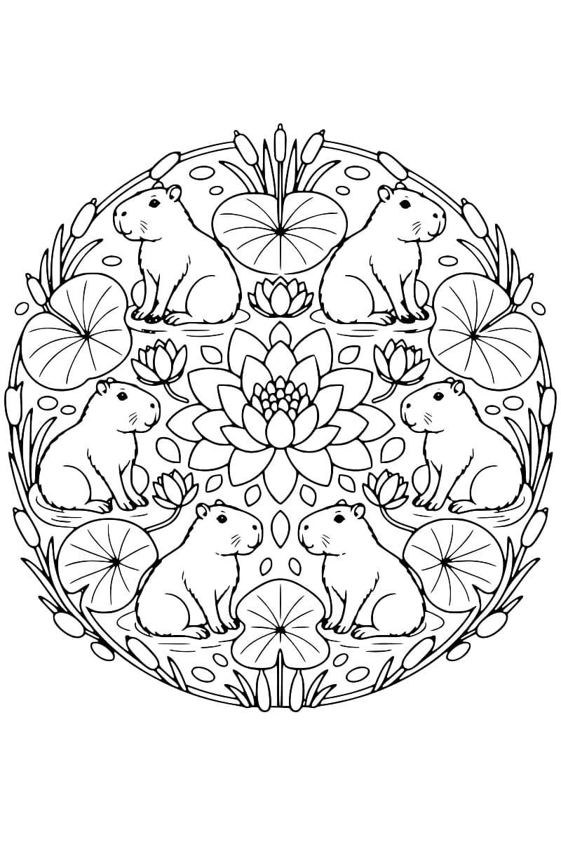 Dessin circulaire en noir et blanc de six capybaras assis autour d’une grande fleur centrale, avec des feuilles de nénuphar, de petites fleurs et des roseaux sur le pourtour.