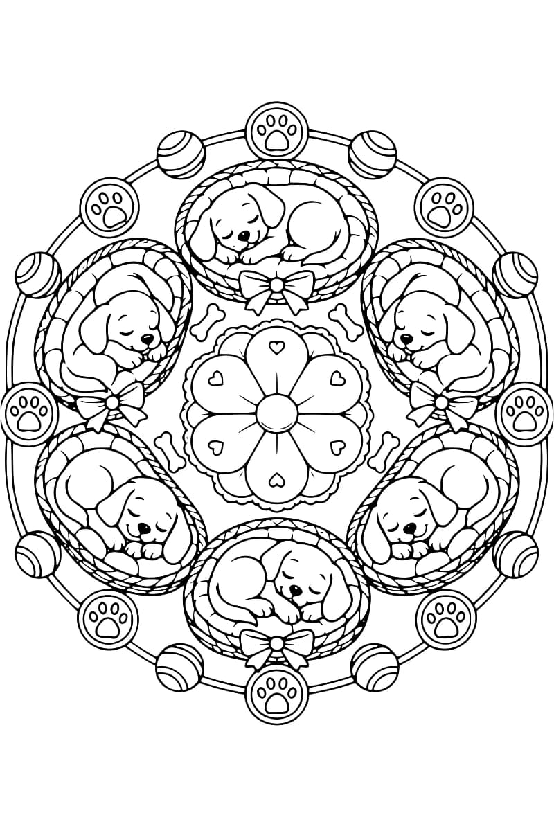 Mandala en noir et blanc représentant six chiots endormis dans des paniers disposés en cercle autour d’une fleur.