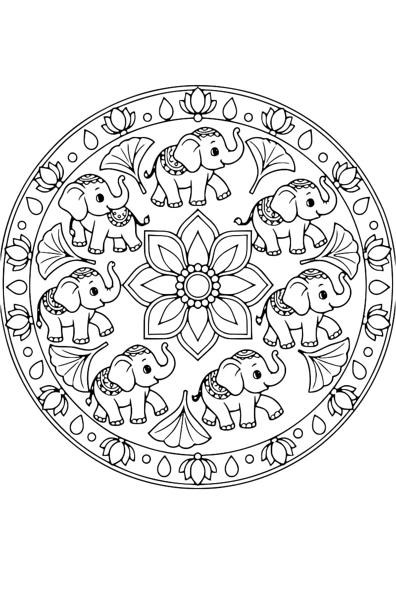 Dessin circulaire en noir et blanc de sept éléphanteaux décorés de motifs, disposés autour d’une grande fleur, avec des feuilles en éventail et une bordure de lotus, de gouttes et de petits cercles.