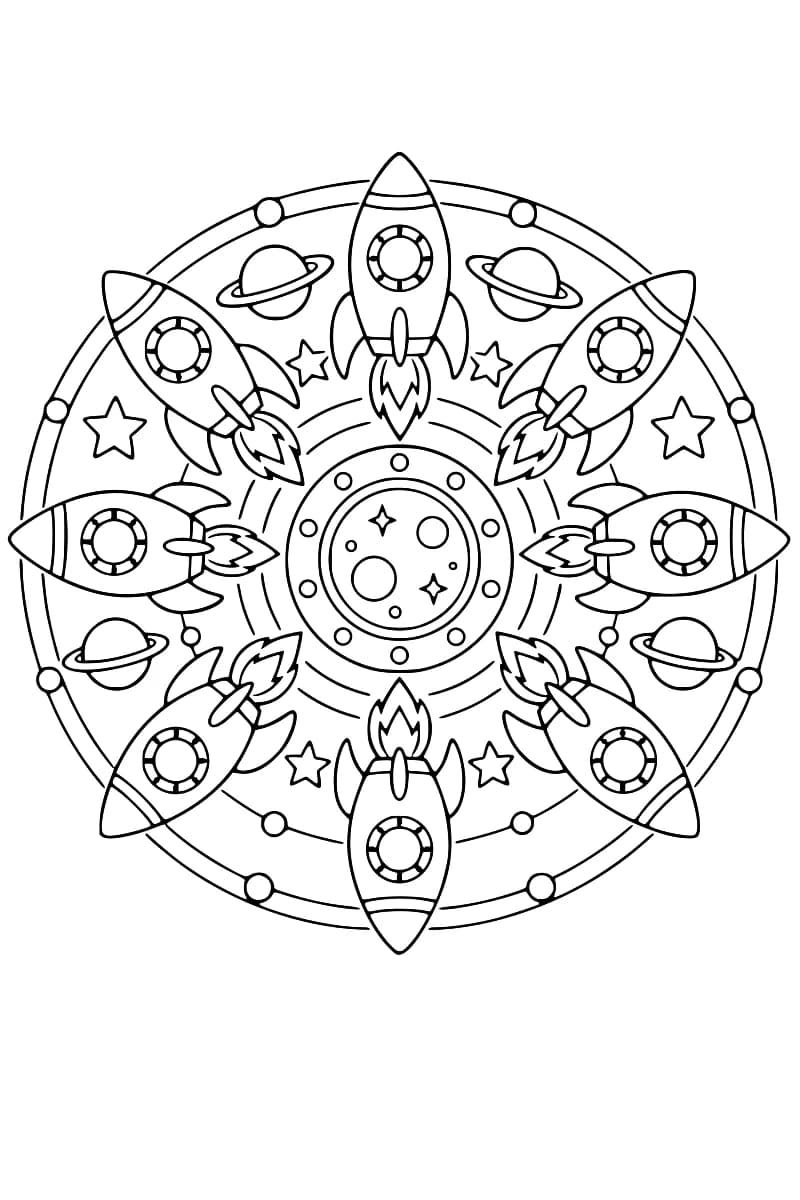 Dessin en noir et blanc de huit fusées disposées en cercle, leurs flammes tournées vers un motif central composé de cercles et de petites étoiles, avec quatre planètes à anneaux et des étoiles entre les fusées.