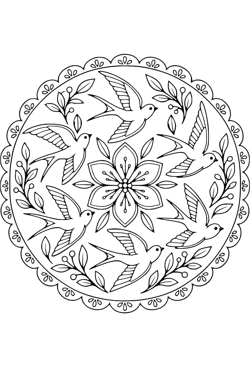 Dessin en noir et blanc représentant six hirondelles en vol autour d’une fleur centrale, avec des feuillages et une bordure décorative circulaire.
