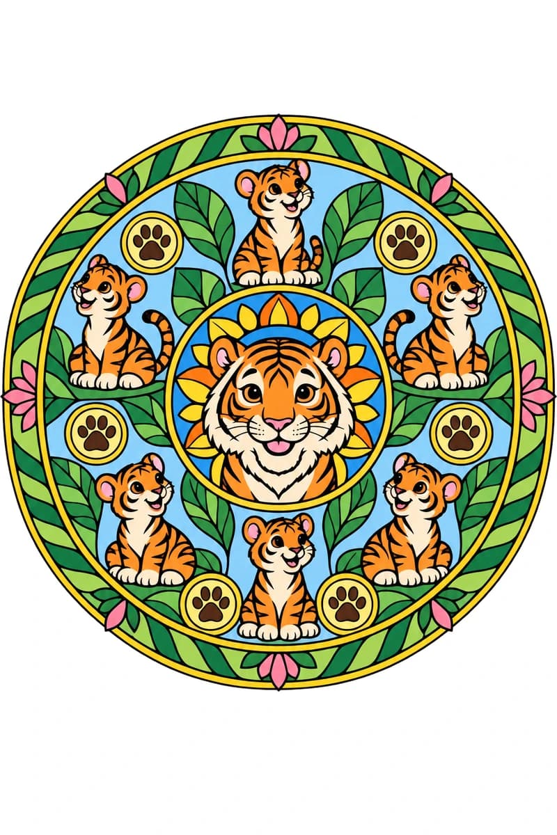Dessin circulaire en noir et blanc avec une tête de tigre au centre, entourée de pétales, de six tigreaux assis et de six empreintes de pattes dans des cercles, le tout bordé de feuilles et de fleurs. (exemple colorié)